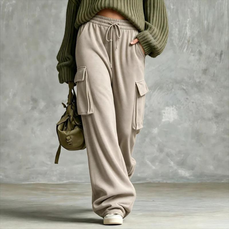 Relaxed Vintage Olive Green Drawstring Wide Leg Cargo Sweatpants