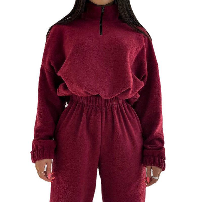 Women's Solid Color Loose Zipper Stand Collar Sweatshirt Casual 2-Piece Set - 2025 Spring/Autumn Collection