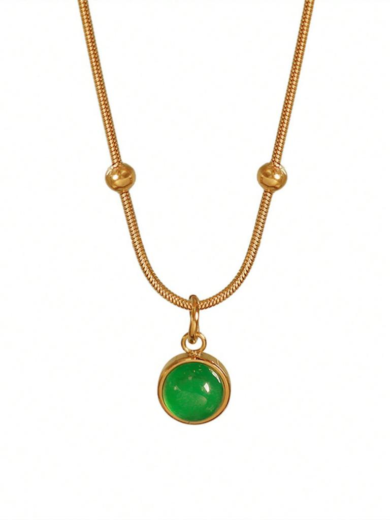 1 Pc Vintage French Style Natural Stone Round Pendant Necklace, 18k Gold Plated Titanium Steel Collor Necklace