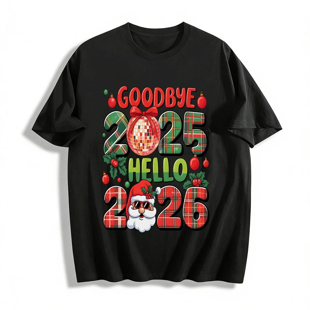 Goodbye 2025 Hello 2026 Christmas New Year Plaid Top Pure cotton T-shirt XXS