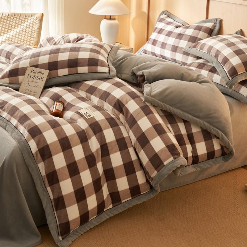 Winter Milk Fleece Bedding Set Thick Coral Sheet Modern Minimalist Style Geometric Plaid