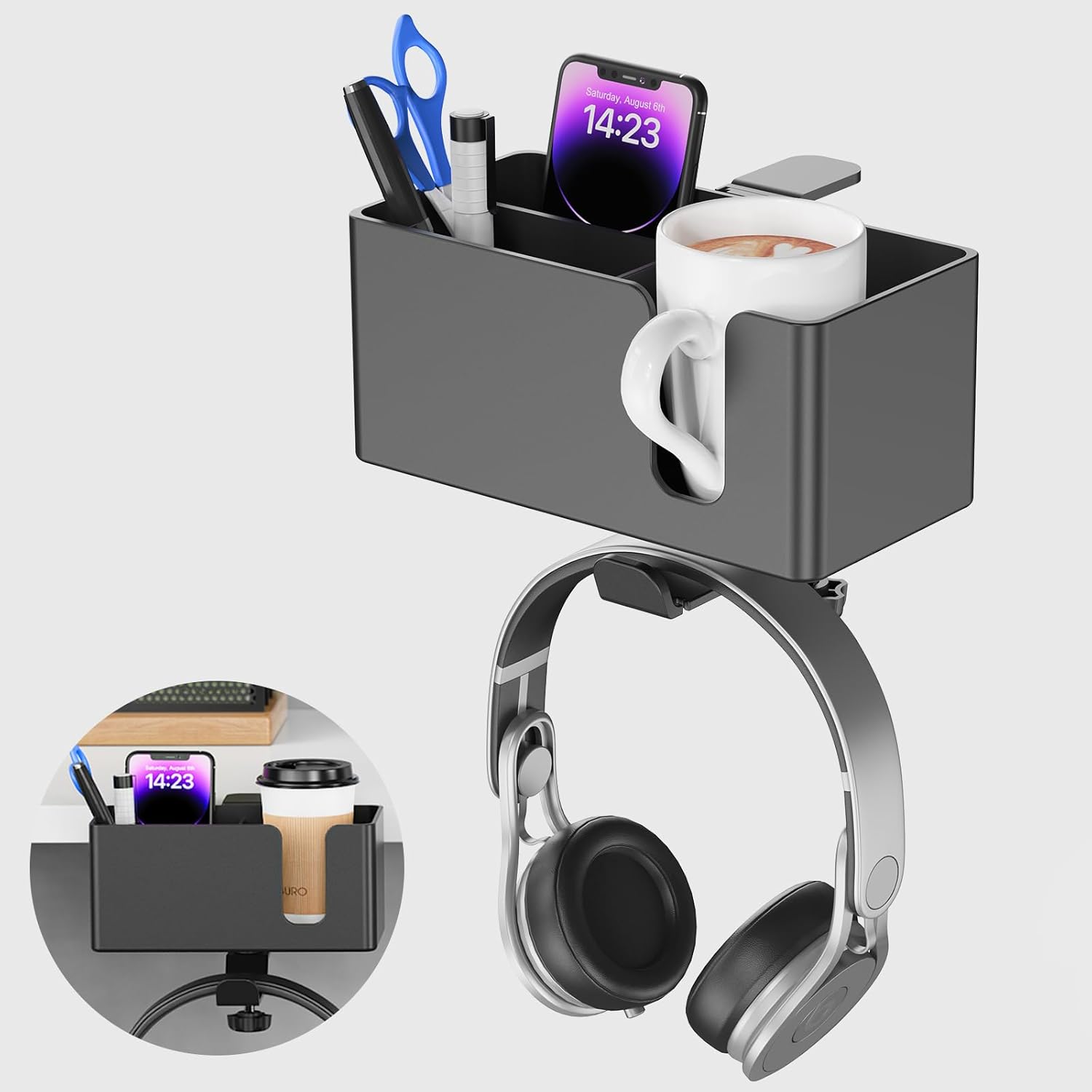 4 in 1 Desk Cup Holder with Storage - Clamp on Under Desk Headphone Hanger - Detachable Pen Cup Holder Desktop Storage for Desktop Attachments чёрный