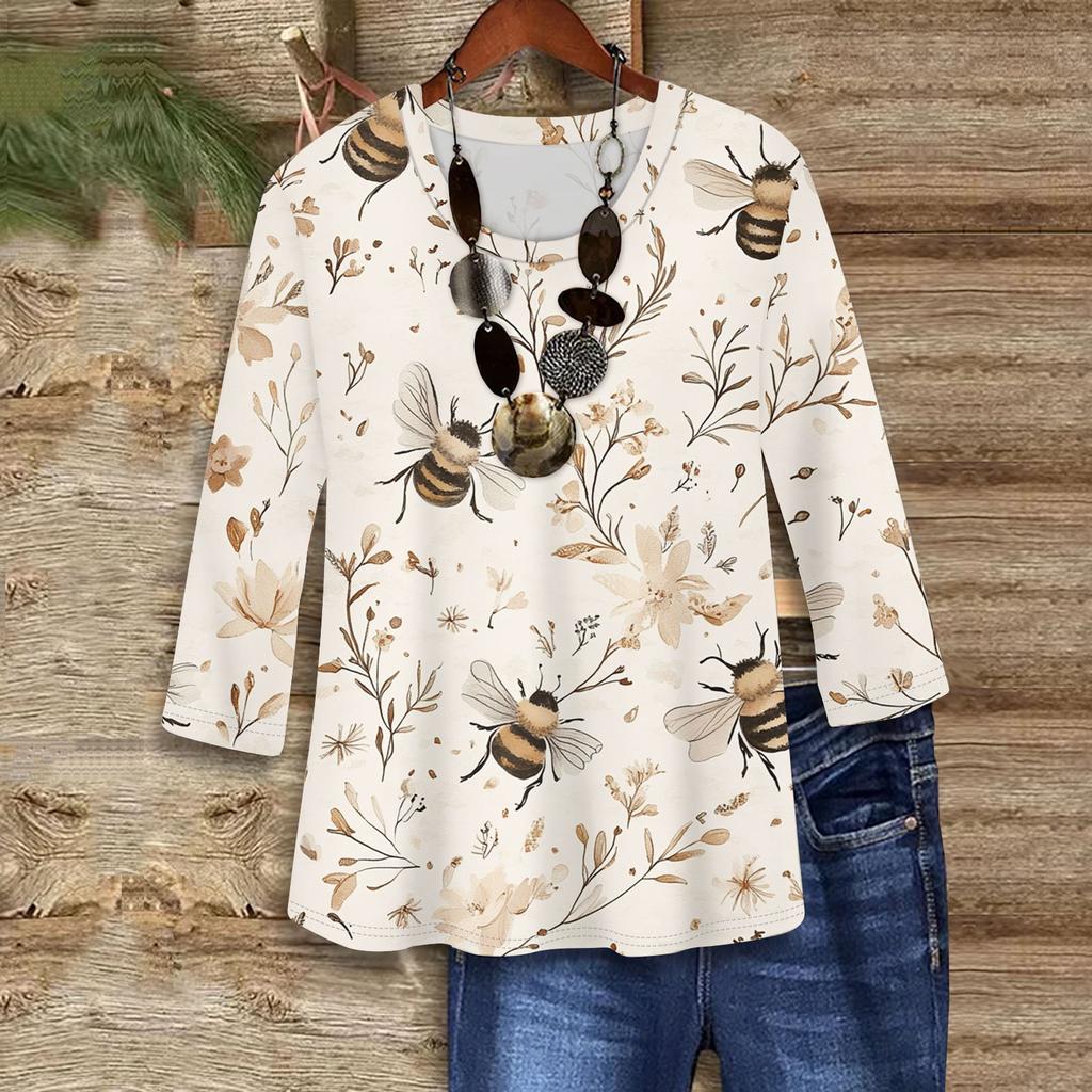 3/4 Sleeve Shirts For Women Cute Print Graphic Tees Blouses Casual Plus Size Basic Tops Pullover