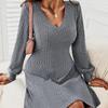 Frauen Herbst Winter V-ausschnitt Puff Ärmel Einfarbig EINE Linie Warme Hohe Taille Kleid S-XL
