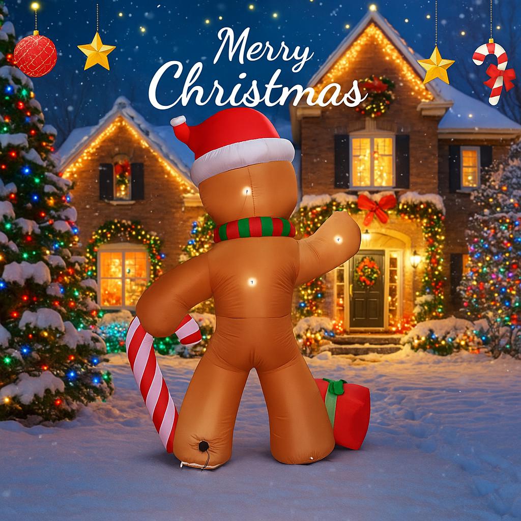 7.87FT Inflatable Gingerbread Man Christmas Home Decoration LED Xmas Yard Party Ornament Candy Cane Festive Gift Toy Supplies