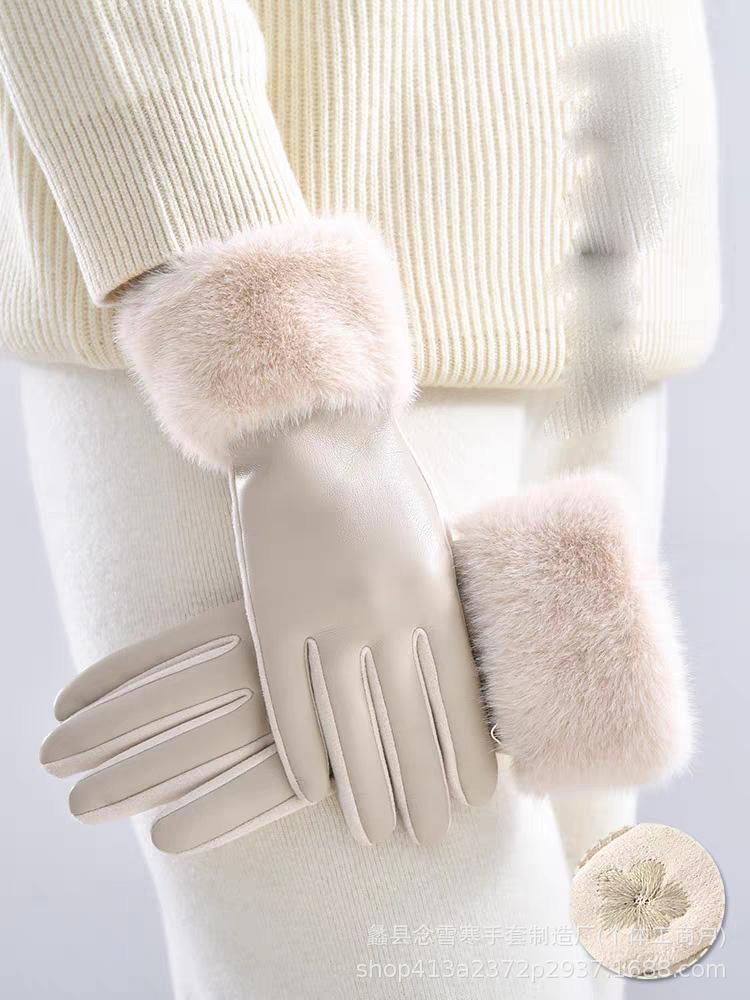 Touchscreen Velvet Windproof and Cold Proof Otter Rabbit Fur Mouth Warm and Extended Suede Women Autumn and Winter Gloves