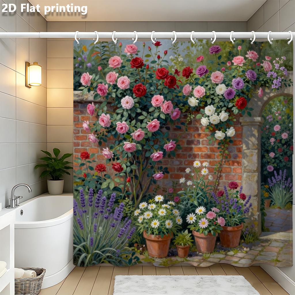 

Garden Rose Shower Curtain 1Pc Polyester 2D Flat Print 70.8X70.8 Roses Daisies Lavender On Brick Arch Background W60H190(CM)-1 Pcs