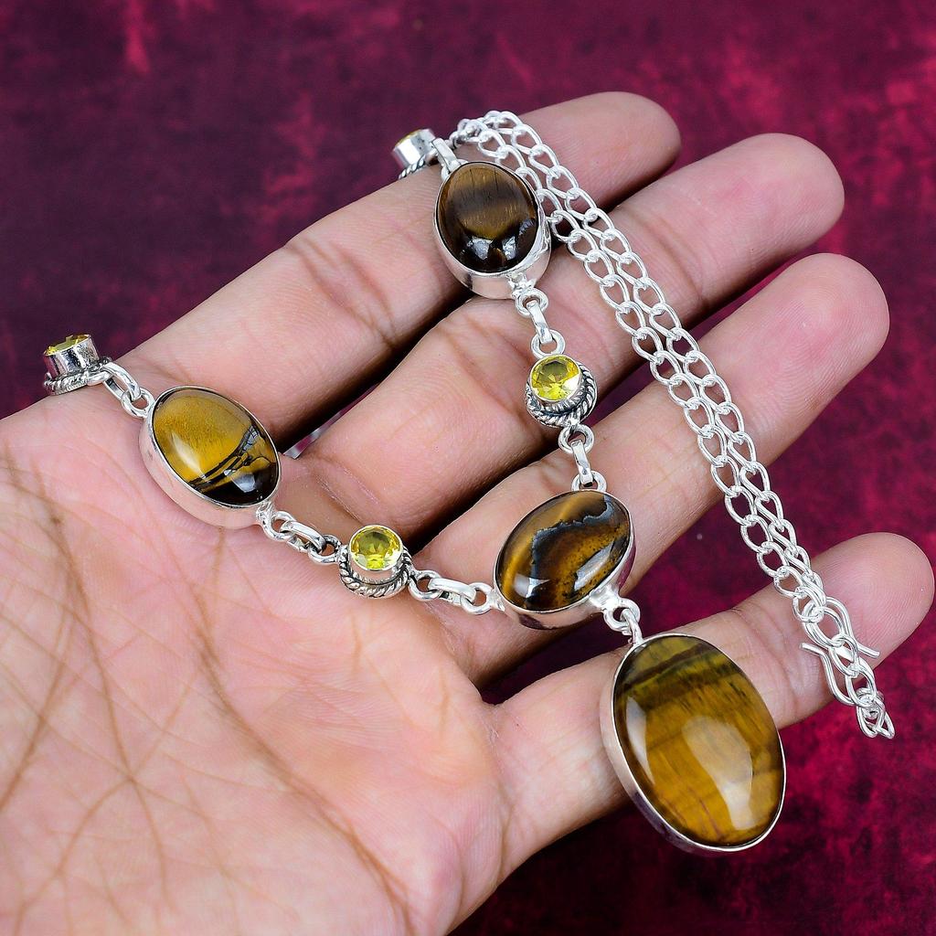 Tiger's Eye & Citrine 925 Solid Sterling Silver Necklace Adjustable, Chain Necklace Handmade Gemstone, Gift For Mom Antique Jewelry