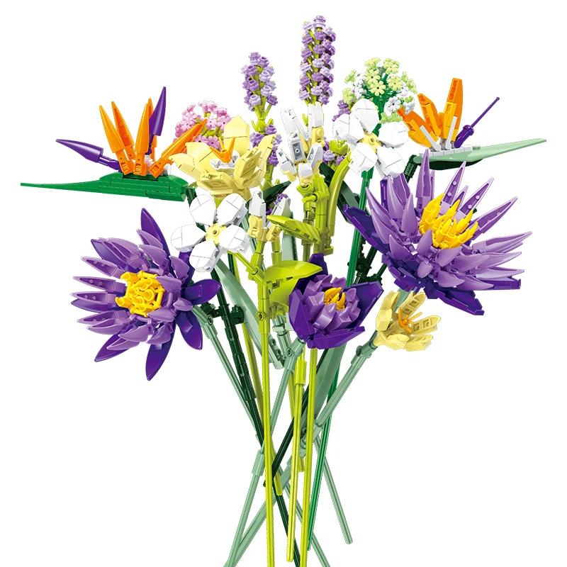 891PCS Romantisk Blomsterbukett Byggklossar Evig Blomma Växt Montera Klossar Kreativ Skrivbordsdeko Barn DIY Leksaker Gåvor