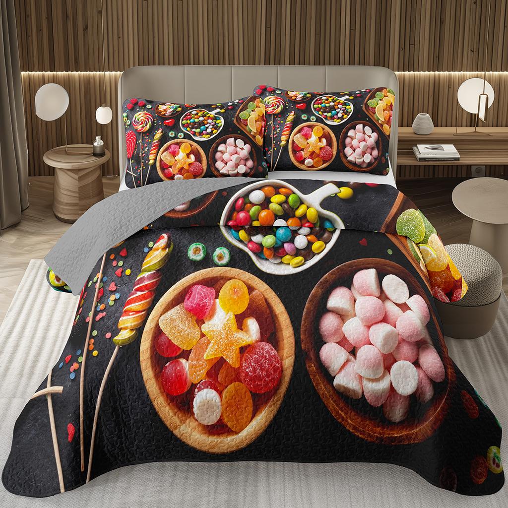 Søtt godteri dynesett for jenter gutter tenåringer, Lollipop-tema sengeteppe sett King dessert quiltet overkast tegneseriestil sengetøy