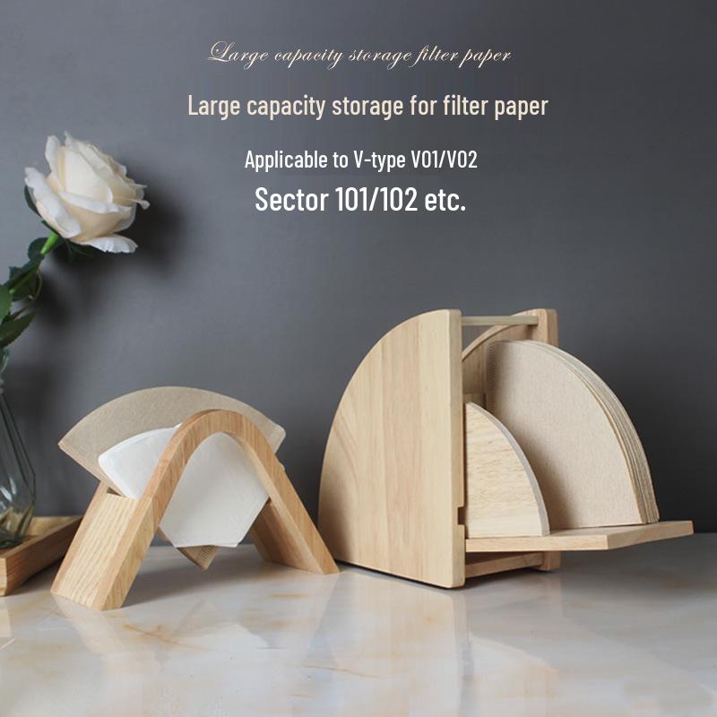 Aufbewahrungsbox für Kaffeefilterpapier aus Massivholz mit staubdichtem V60-Kegelständer und gewölbtem Boden.