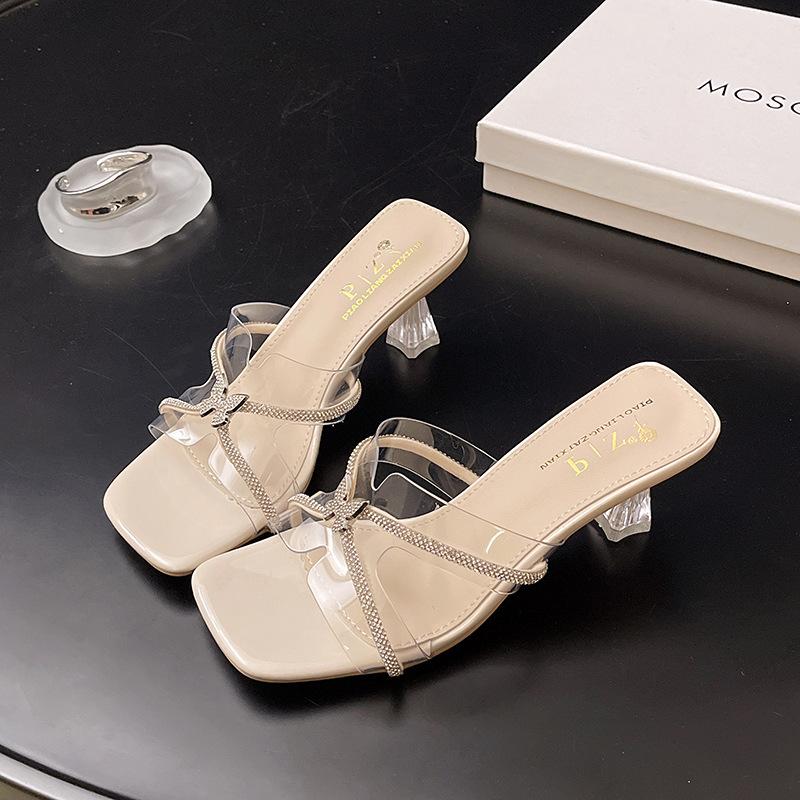 Fairy open-toed slippers female wearing rhinestone transparent semi-mop 2025 summer new fashionable versatile high-heeled cool slippers