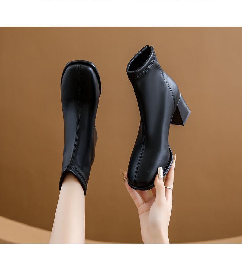 Black Women's Slimming Martin Boots - 2025 Autumn/Winter Fleece-Lined Chunky High Heel Ankle Boots