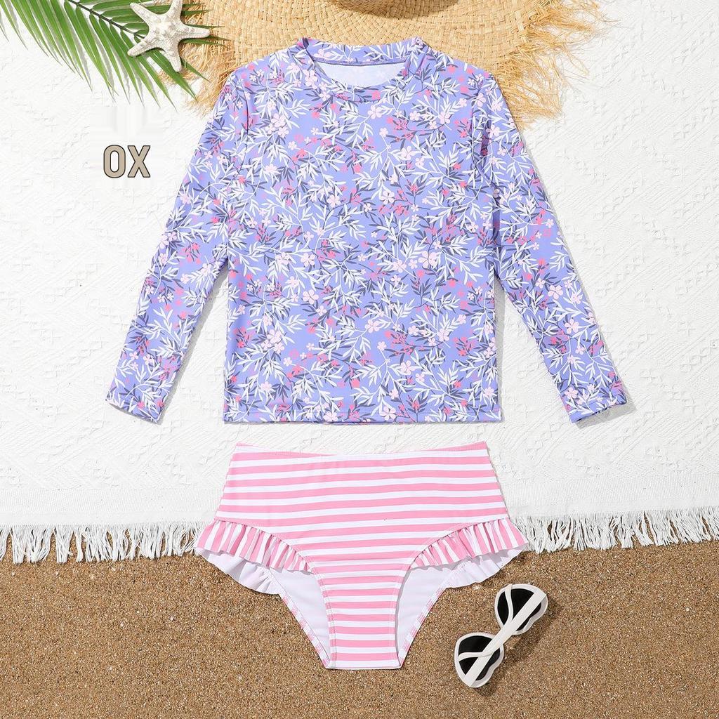 Girls' Long Sleeve Striped 2-Piece Swimsuit - 2025 New Style