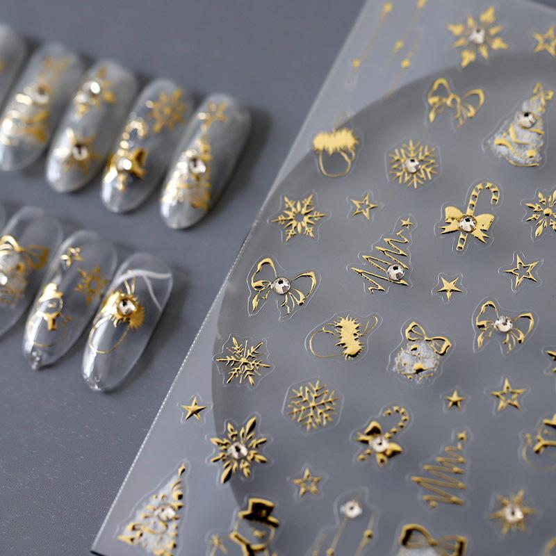 Christmas Nail Gold Snowflake Bowknot Snowman 3D Self Adhesive Nail Art Stickers Rhinestone 5D Embossed Reliefs Manicure Decals