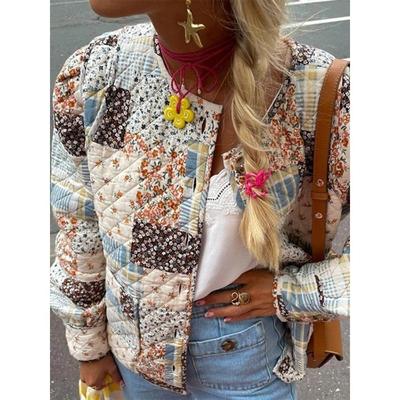 Giacche in cotone colorato con stampa retrò Cappotto monopetto a maniche lunghe con scollo a O da donna Autunno Inverno Lady Casual Streetwear