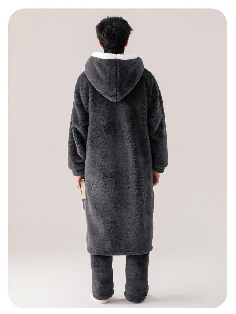 Men's Thick Flannel Fleece Pajama and Bathrobe Set - Autumn/Winter Homewear