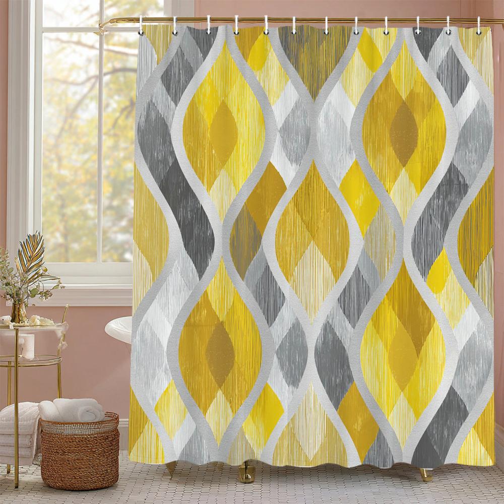 1Pc Golden Abstract Geometry Print Shower Curtain Partition Privacy Hanging Curtain With 12 Hooks Multiple Size Machine Washable