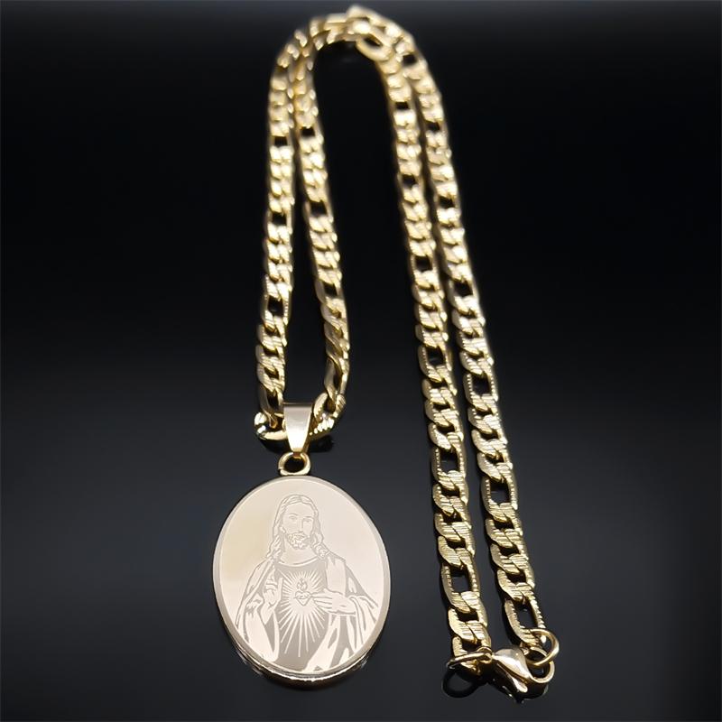 Christian Jesus Sacred Heart Medal Necklace for Men Women Stainless Steel Gold Plated Religious Necklace Jewelry Gift NZZZ141S05