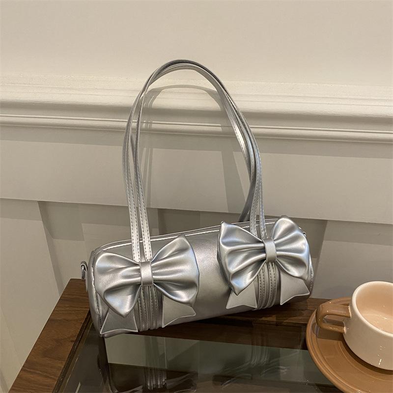 Elegant Bow Women's Small Pillow Handbags Pu Leather Ladies Shoulder Underarm Bags Barrel-shaped Purse Female Tote Crossbody Bag
