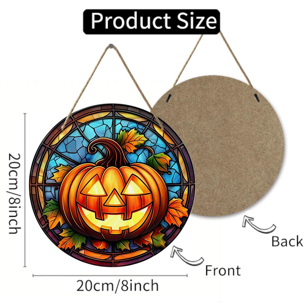 Stained Glass Style Pumpkin Autumn Harvest Round Wooden Hanging Plaque Indoor Outdoor Wall Decor Front Door Sign Home Festival Party Ornament