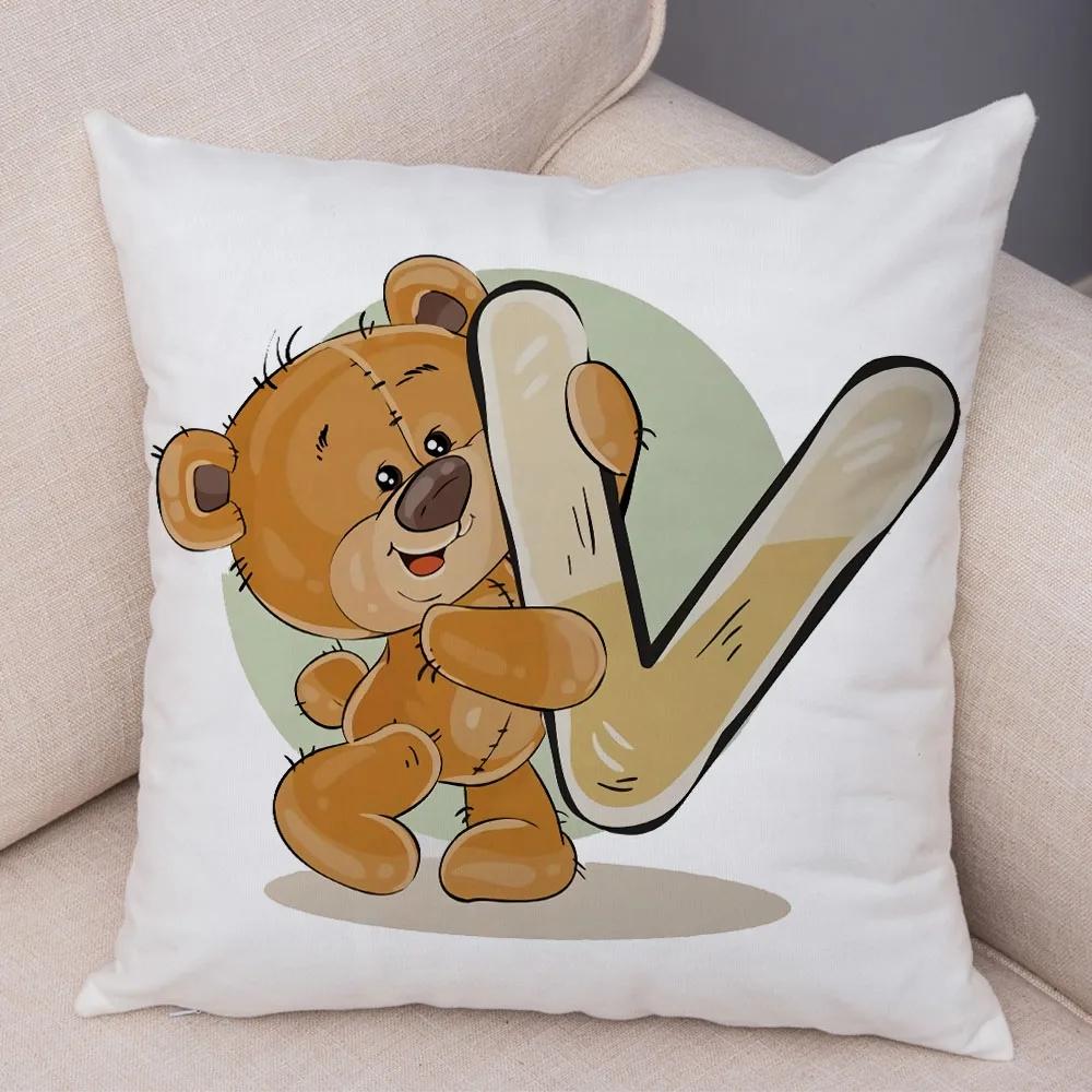 Cute Cartoon Bear Animal Cushion Cover for Sofa Children Room English Letter Print Pillow Case Short Plush Pillowcase 45x45cm