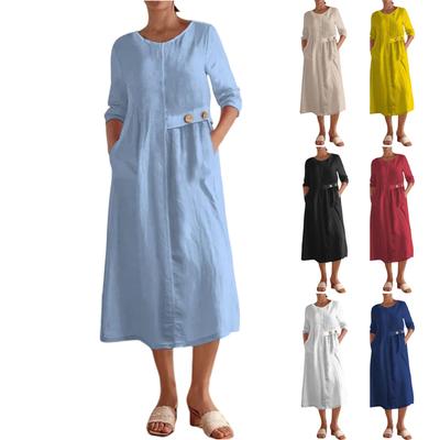 Women's Fashionable Color Round Neck 3/4 Sleeved Casual Button Pocket Cotton And Linen Dress