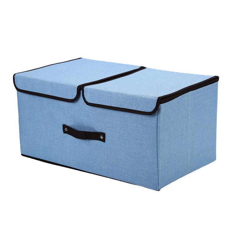Foldable Cotton & Linen Double-Lid Storage Box with Handle for Clothes and Pants