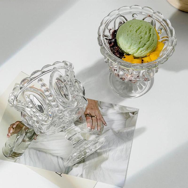 European Style Retro Embossed Tall Glass Ice Cream Cup Whiskey Mugs Pudding Yogurt Dessert Goblet Antique Style Coffee Cup