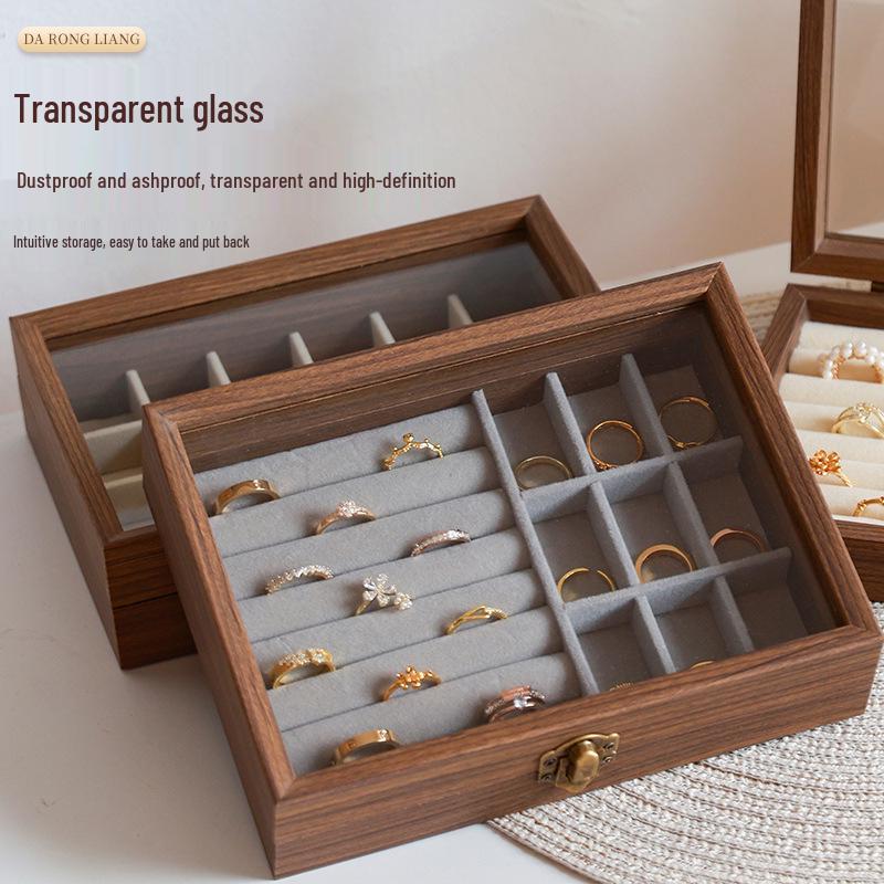 High-End Walnut Wood Grain Flip-Top Jewelry Box – Dustproof, Anti-Oxidation Ring Display