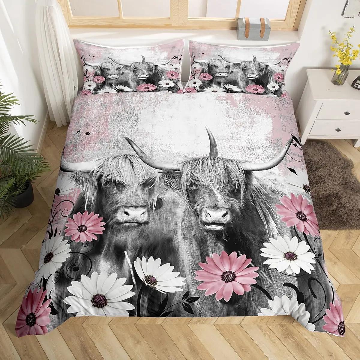 

Highlplus Cow Soft Duvet Cover Set Farmhouse Wildlife Animal Patern Warm Comforter Cover Sunflower Western Cow Microfiber Printed Beding 135*200cm Eu-Single