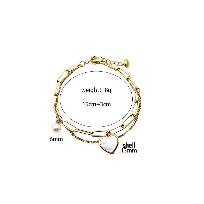 European & American Double Layer Heart Shell Pearl Titanium Bracelet - Colorfast Stainless Steel, Light Luxury Jewelry