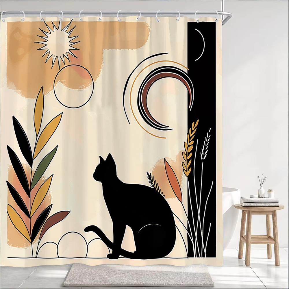 1Pc Nordic Art Cartoon Black Cat Print Shower Curtain Partition Privacy Hanging Bathroom Curtain With Hooks Decoration Curtain