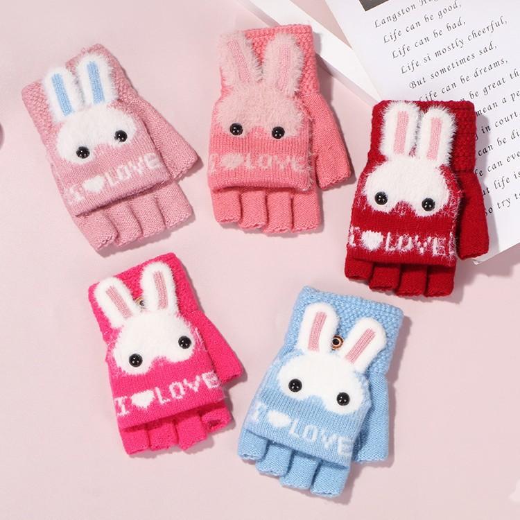 Autumn and winter new velvet thickened cute rabbit cold-proof warm gloves elastic half-finger flip-top knitted gloves