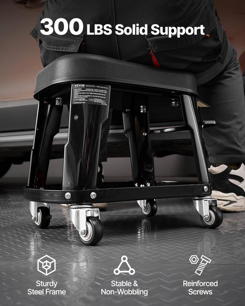 Mechanic Stool Rolling Workshop Seat 300 lbs Load with Wheels & Tool Tray
