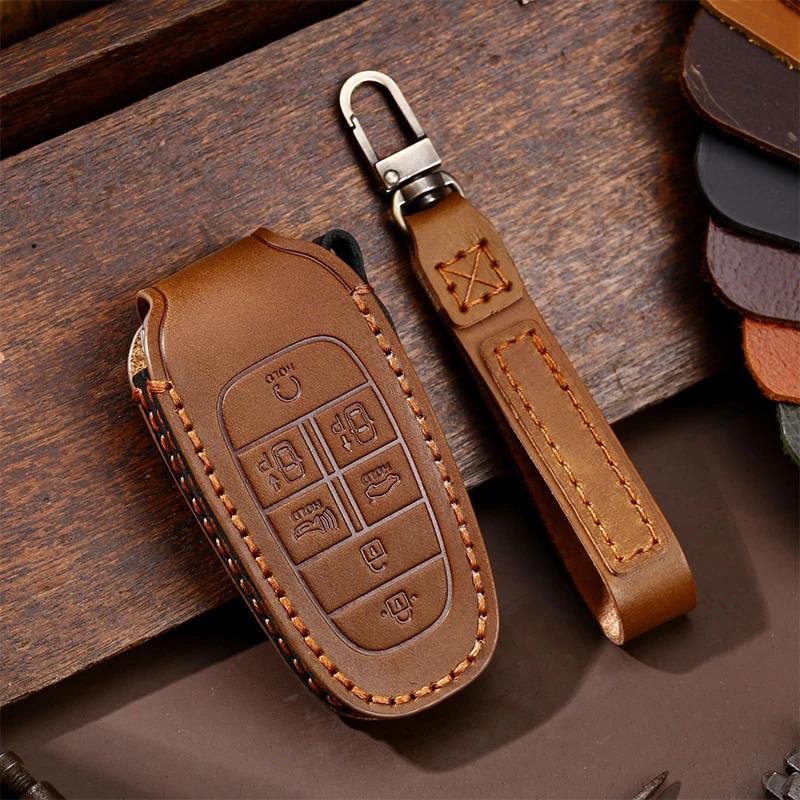 Leather Car Key Case Cover Fob Accessories for Hyundai Tucson Solaris Sonata Hybrid Nexo Nx4 Grand Santa Fe Keychain Holder Bag