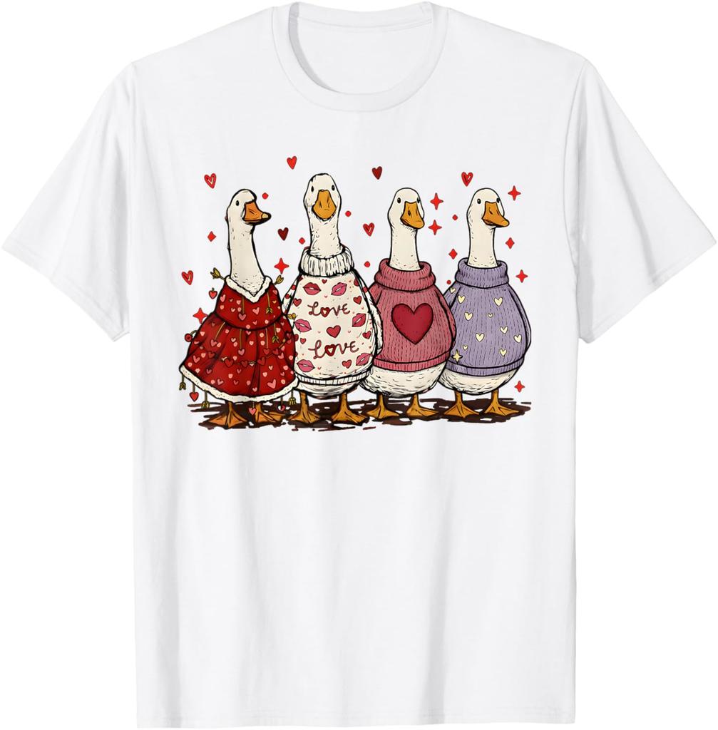 Cute Valentines Day Geese Ducks In Sweaters Graphic T-Shirt Casual Daily Wear