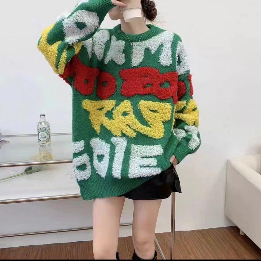 

Hot Sale Fashion Large Size Contrasting Letters Towel Embroidered Sweater Women s Autumn and Winter Outer Wear Crew Neck Knitted Top Average size 57-262 зелений