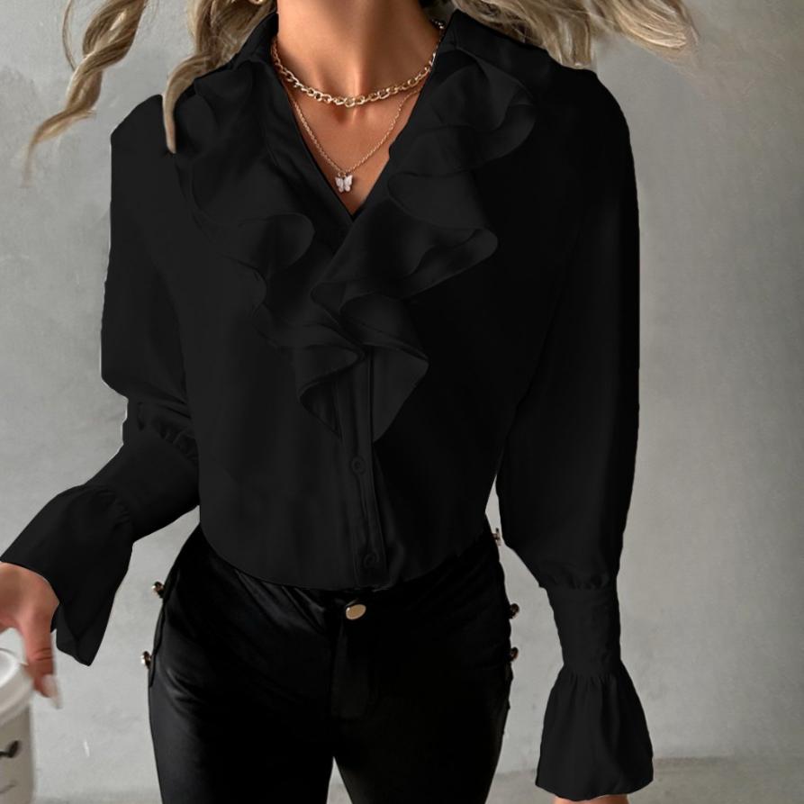 BITCED Women's Autumn Fashion Ruffle Long Sleeve V-Neck Solid Colour Ladies Shirt Blouse