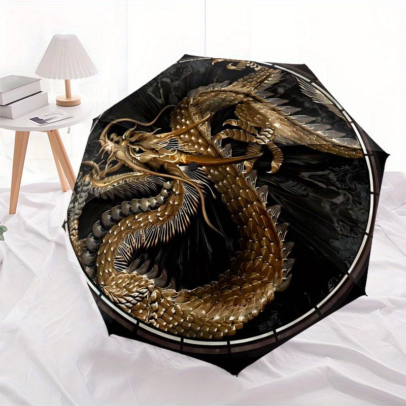 Golden Dragon Design 8-Rib Automatic Open Compact Umbrella - 3-Fold Portable Timepiece with Intricate Mythical Creature Art, C