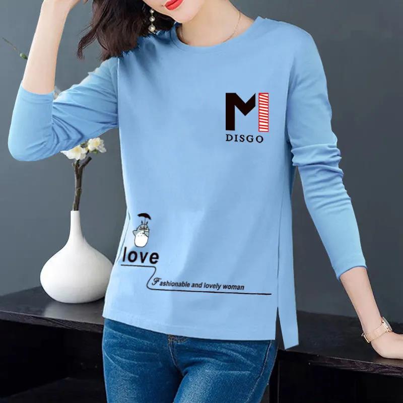 M Print Pullover Spring Women T-Shirt Long Sleeve Bottoming Shirt Casual Split Top