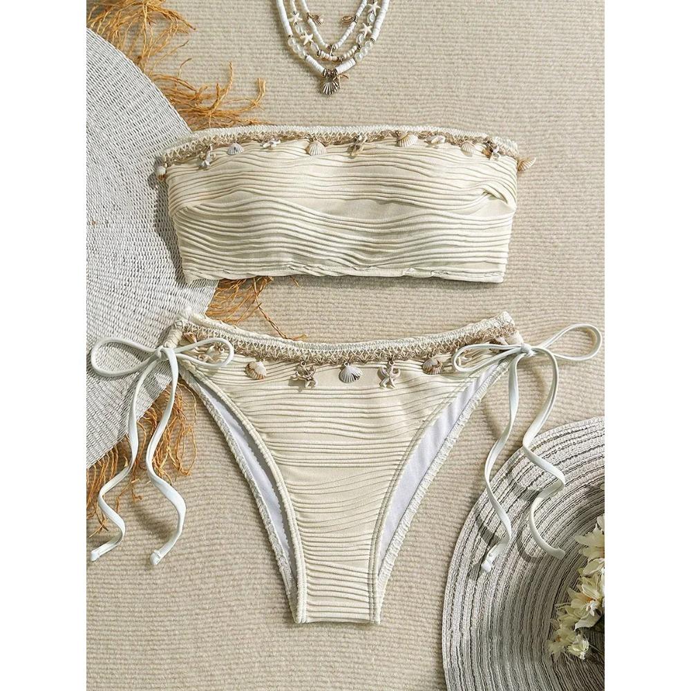 XS - XL Bandeau Wrinkled High Cut Bikini Women Swimwear Female Swimsuit Two-pieces Bikini Set Shell Bather Bathing Suit Swim