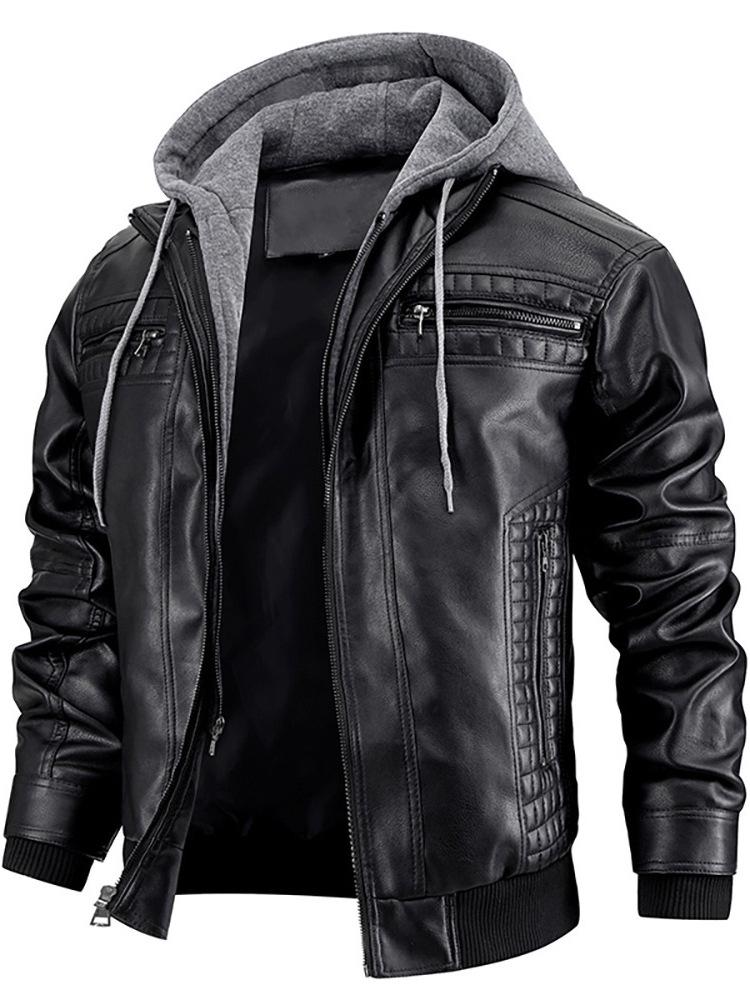 Men's PU Leather Hooded Jacket - European & American Style, Autumn/Winter Motorcycle Design
