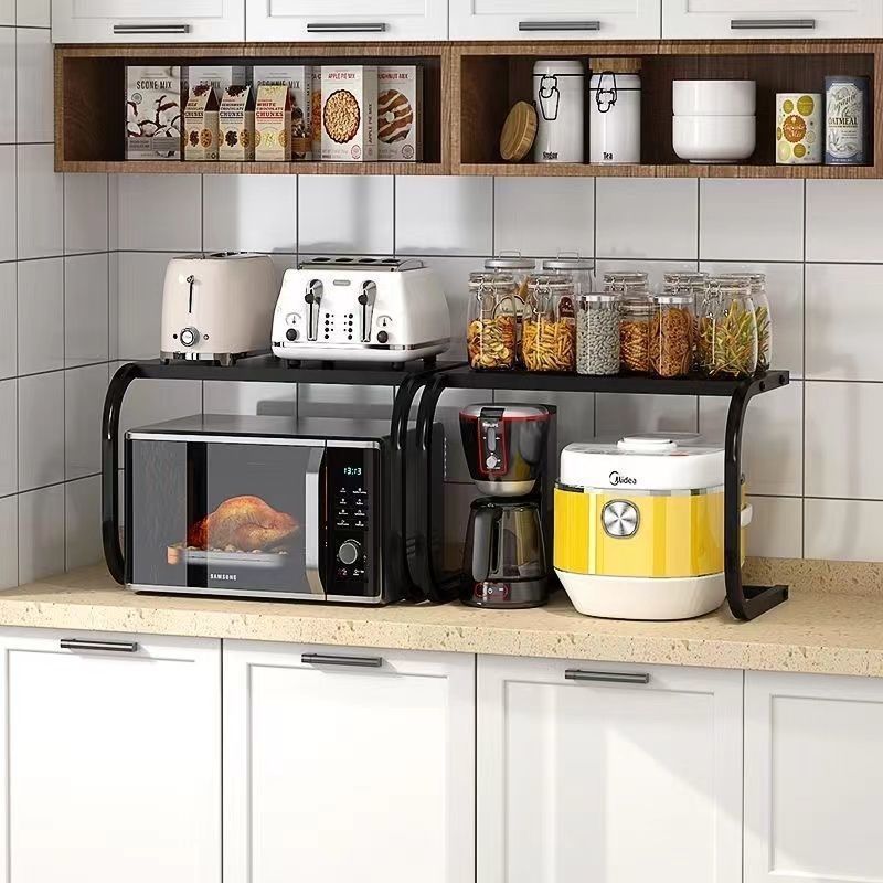 Kitchen Organiser 2 Tier Carbon Steel Shelf Kitchen Table Microwave Kitchen Storage Drill-Free Cutlery Organiser Spice Rack