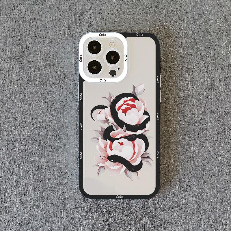 Rose Floral Snake Clear Phone Case For IPhone 11 14 Pro Max 13 12 Pro Max X XR XS SE2 14 8 7 Plus Transparent Back Cover Fundas