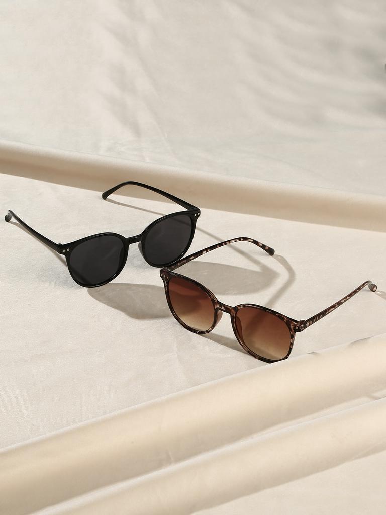 2Pcs Women'S Fashionable Round Frame Glasses Chic Black Tortoiseshell Combination Glasses Daily Wear Holiday Gifts