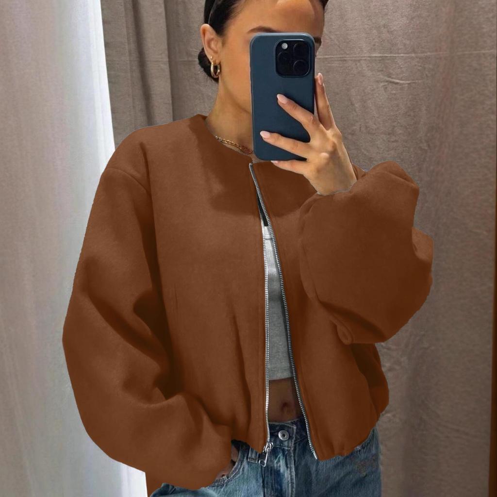 Women's Autumn/Winter Bomber Jacket - Round Neck, Drop Shoulder, Lantern Sleeve, Street Style Zip Cardigan