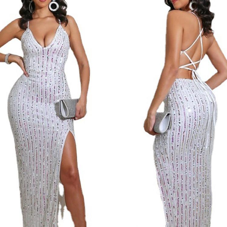 2026 spring and summer new women s clothing independent station sexy sequins sleeveless dress sexy party evening dress dress S белый