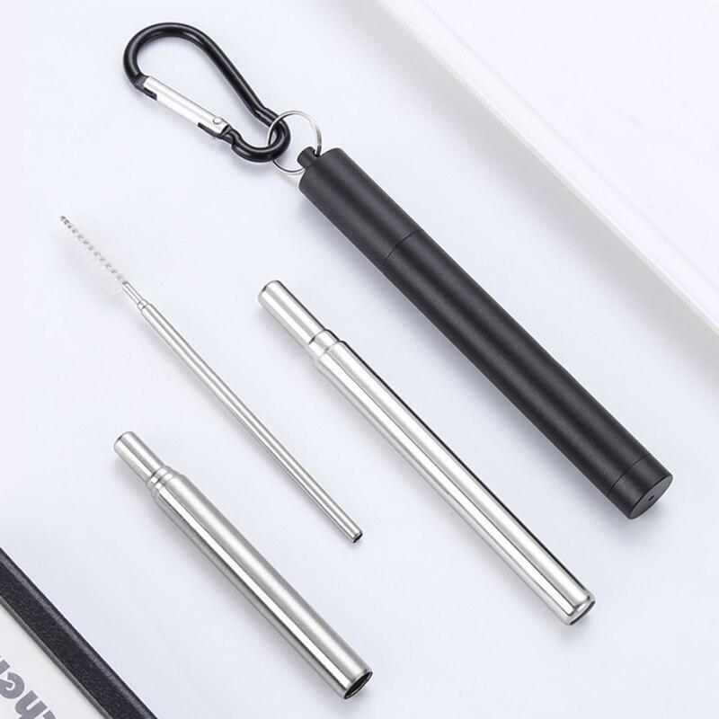 Stainless Steel Telescopic Straw Color Three-Section With Aluminum Alloy Storage Tube Sleeve Blue