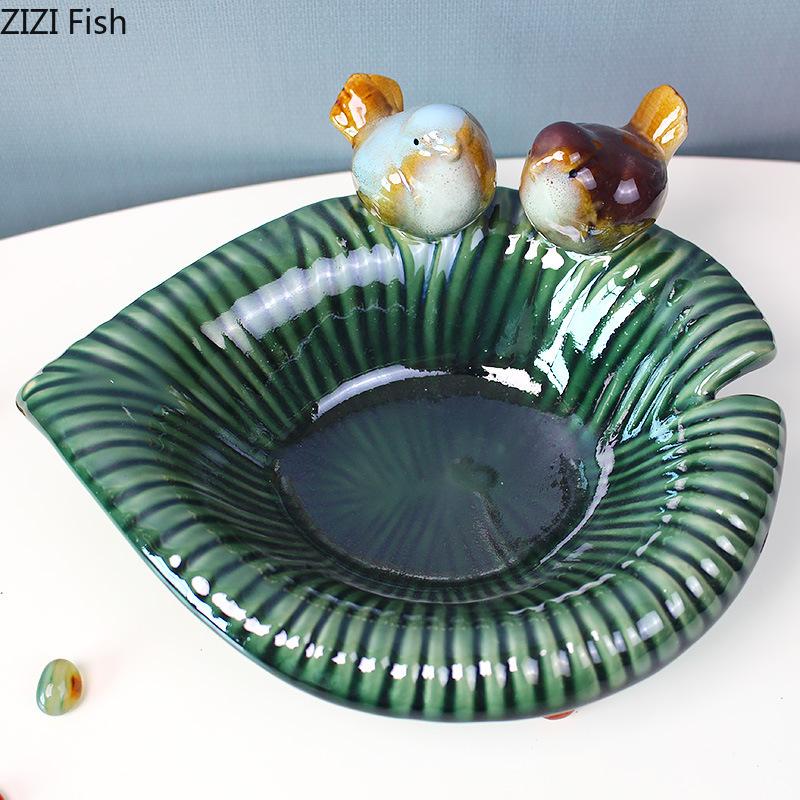 Green Leaf Ceramic Fruit Plate Painted Birds Decorative Trays Snacks Nuts Plate Dinner Table Fruits Bowl Candy Storage Tray